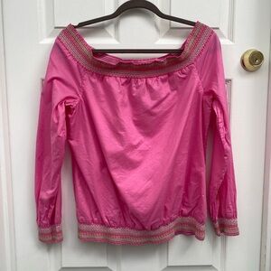 Lilly Pulitzer Pink Off Shoulder Cotton Long Sleeve Blouse Embroidered Details-S